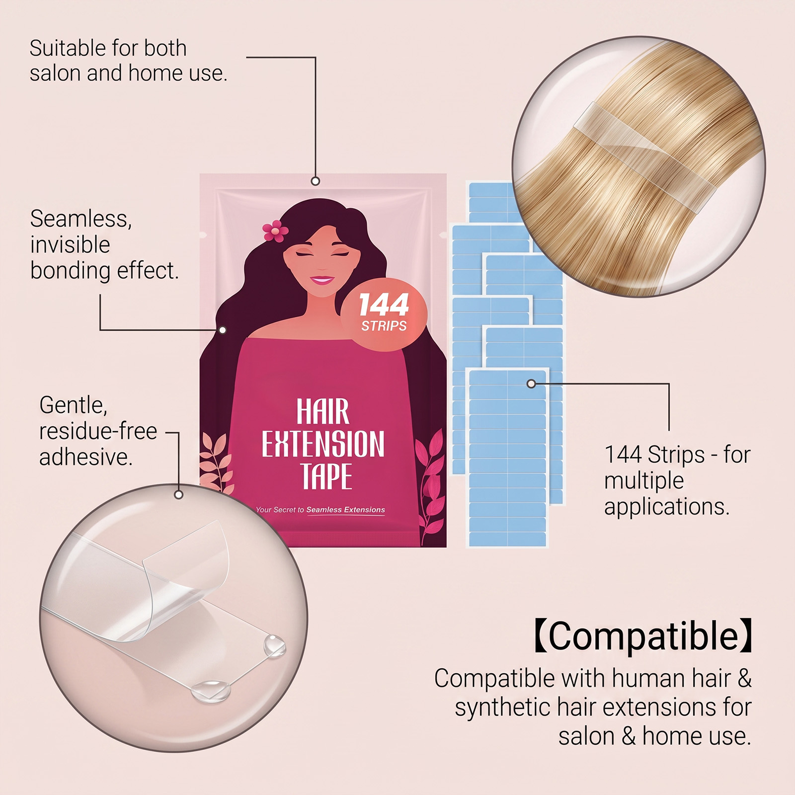 No Trace Hair Extension Tape Double Sided Strip Strong Adhesive Thin Invisible For Wig Hair Piece Hair Connect Styling