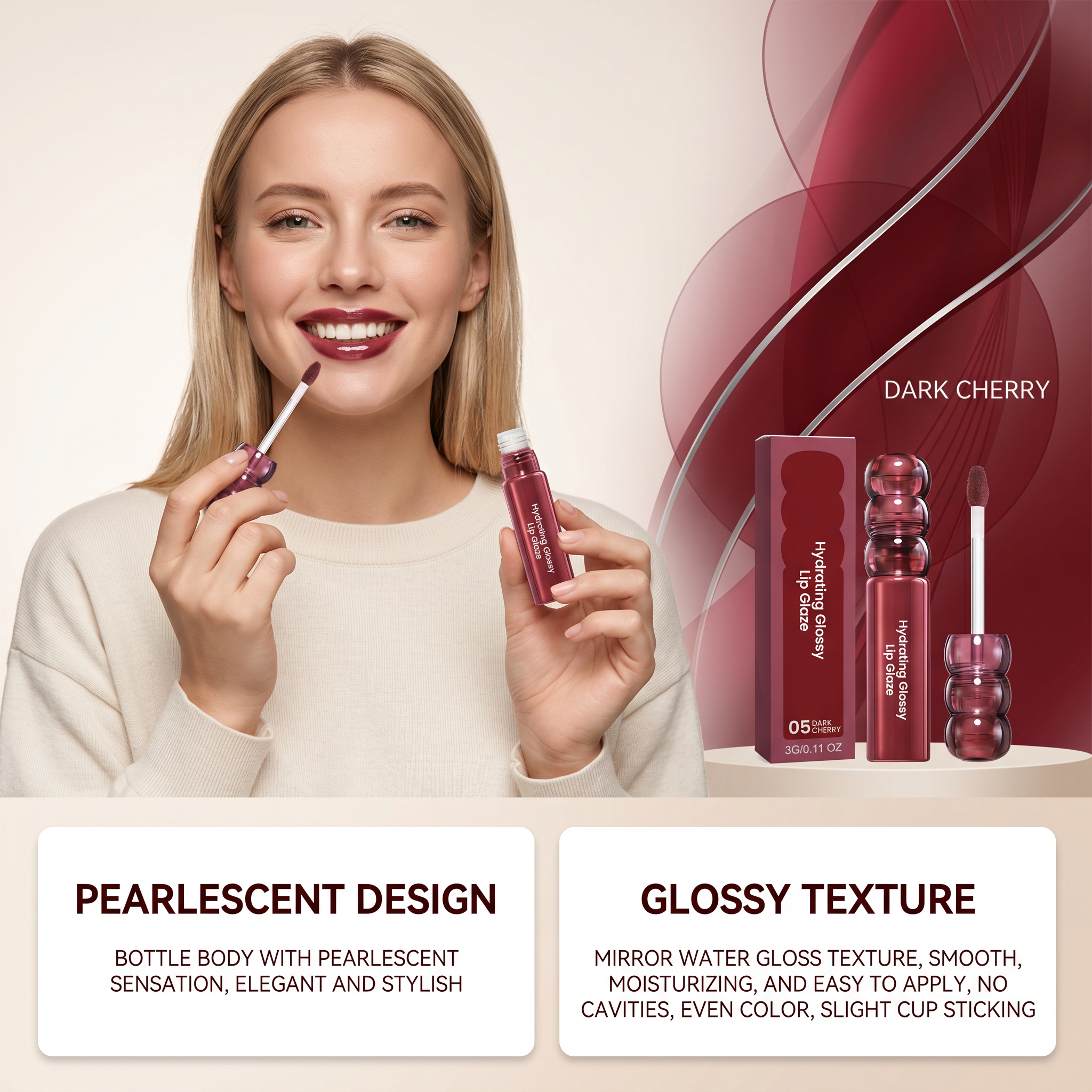 CandyHawthorn Mirror LipGlaze Number Five WineCherry Clear Glossy Smooth Fit Light Film Versatile Moist NonDry Lip Makeup Daily Look