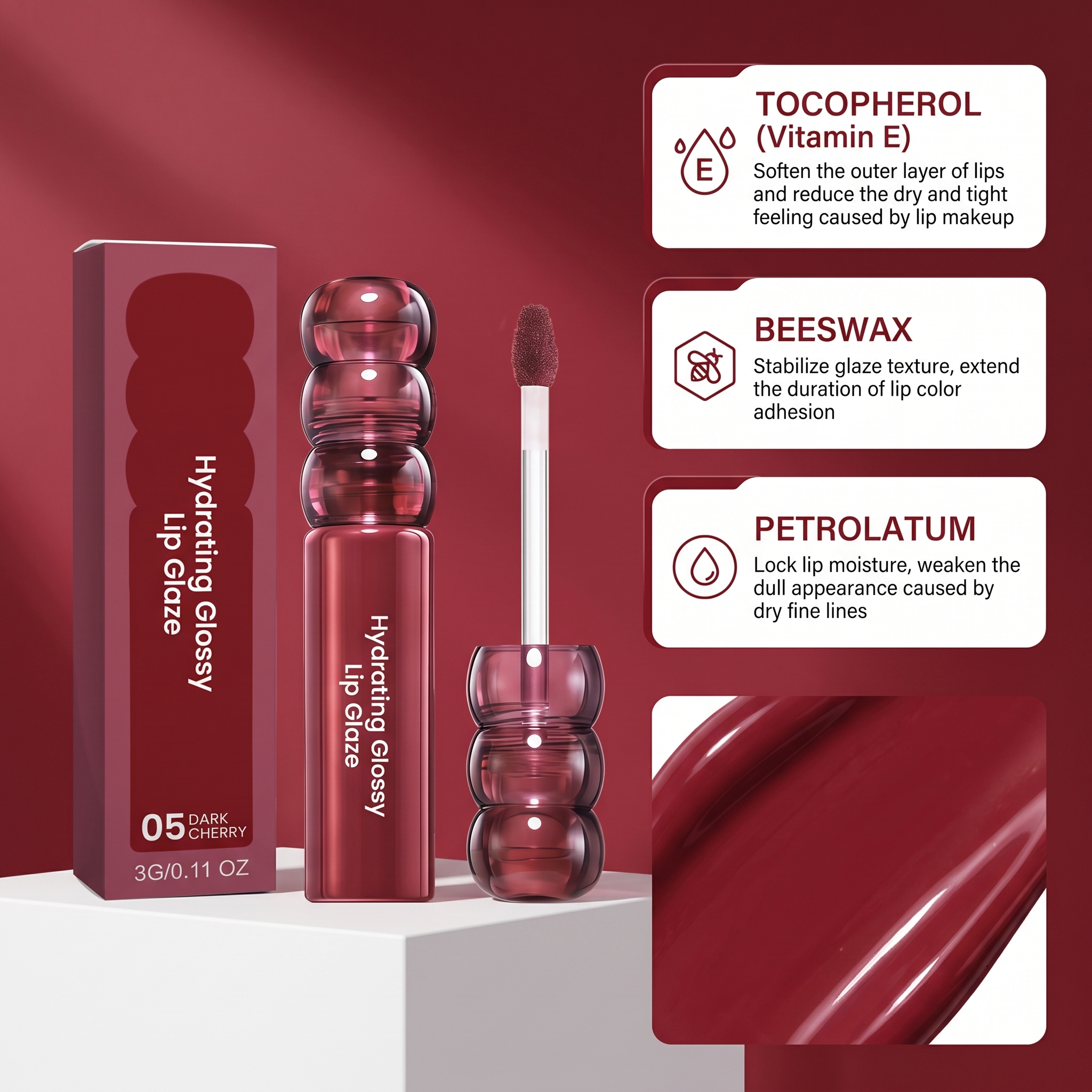 CandyHawthorn Mirror LipGlaze Number Five WineCherry Clear Glossy Smooth Fit Light Film Versatile Moist NonDry Lip Makeup Daily Look