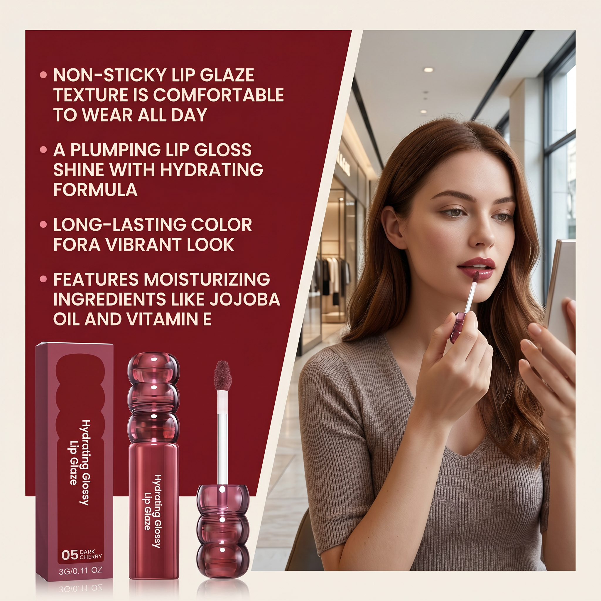 CandyHawthorn Mirror LipGlaze Number Five WineCherry Clear Glossy Smooth Fit Light Film Versatile Moist NonDry Lip Makeup Daily Look