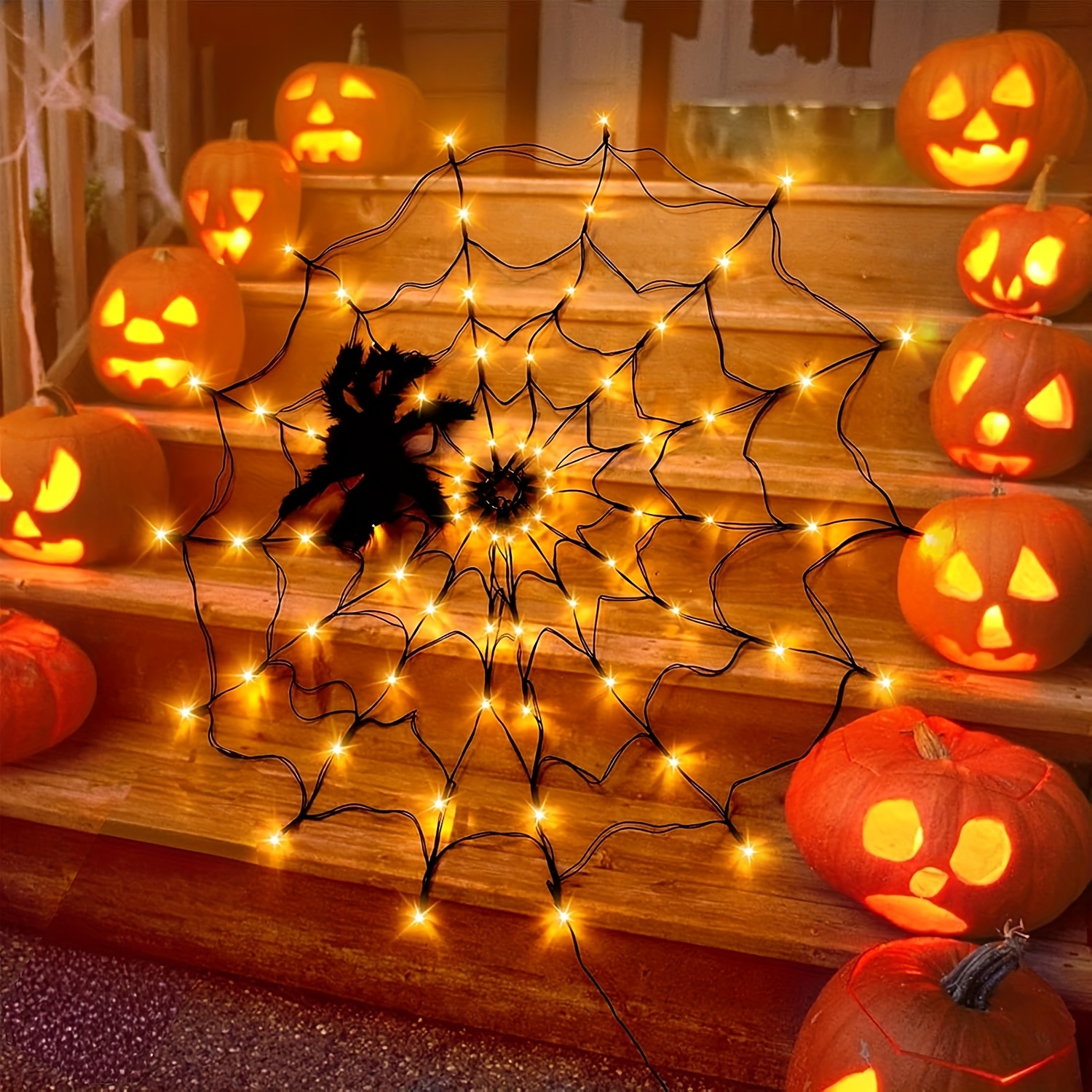  Halloween Spider Web Lights Outdoor Indoor LED Net String Light with Large Black Spider for Haunted House Party Yard Cemetery Decor