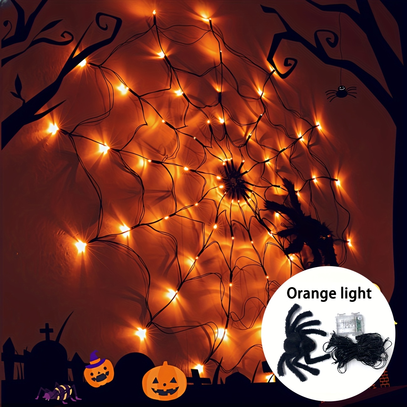  Halloween Spider Web Lights Outdoor Indoor LED Net String Light with Large Black Spider for Haunted House Party Yard Cemetery Decor