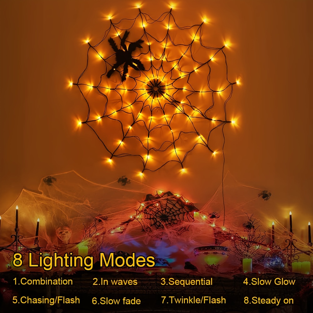  Halloween Spider Web Lights Outdoor Indoor LED Net String Light with Large Black Spider for Haunted House Party Yard Cemetery Decor
