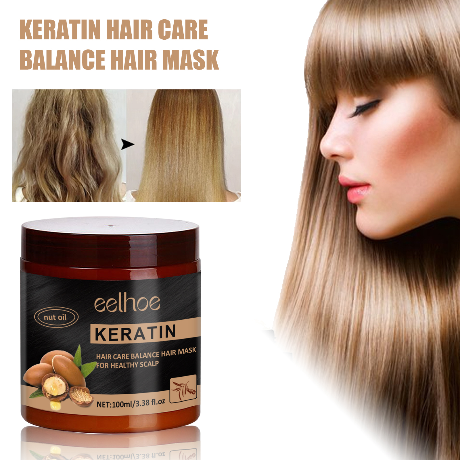 Nut Keratin Hair Mask Frizz Control Damage Repair Smoothing Treatment For Dry Damaged Split Ends Nourishing Deep Conditioning 1 PCS