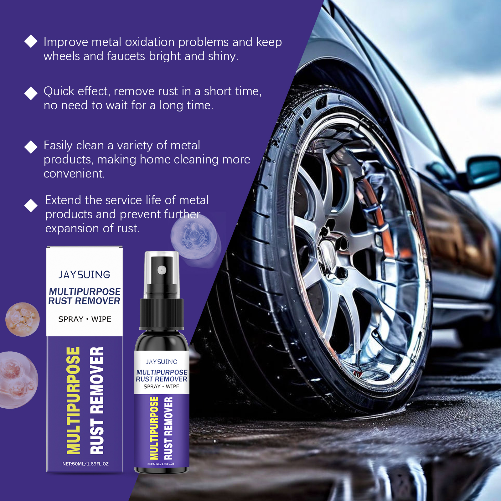 Metal Rust Remover Spray Multipurpose Polishing Agent For Car Wheel Chrome Stainless Steel And Iron Surface Restoration 50ml
