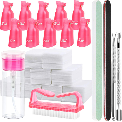 Nail Polish Gel Remover Tools 17pcs Kit Nail File Nail Brush Buffer Block Cuticle Pusher Cuticle Peeler Nail Polish Remover Bottle Nail Remover Cotton Pad for Nail Arts