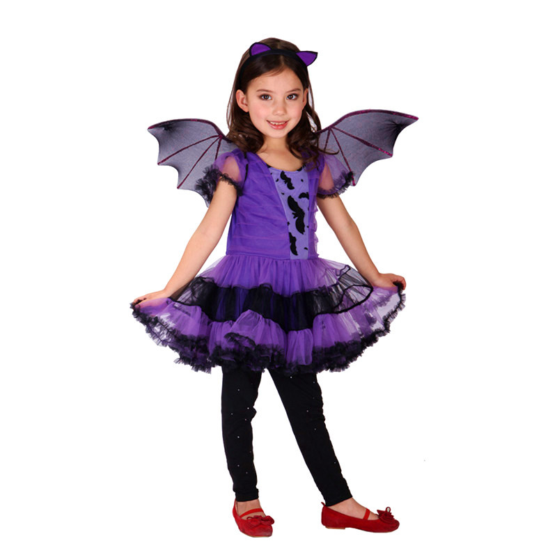 (95~110cm) Halloween Decor Halloween Witch Costume for Girls Purple Bat Dress Up Cosplay Party Supplies Halloween Performance Decor