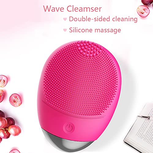 (Rose Red) Electric Silicone Face Cleanser Brush Scrubber Ultrasonic Vibrating Facial Cleansing Brush Facial Massager Tool for Exfoliating Removing Blackhead