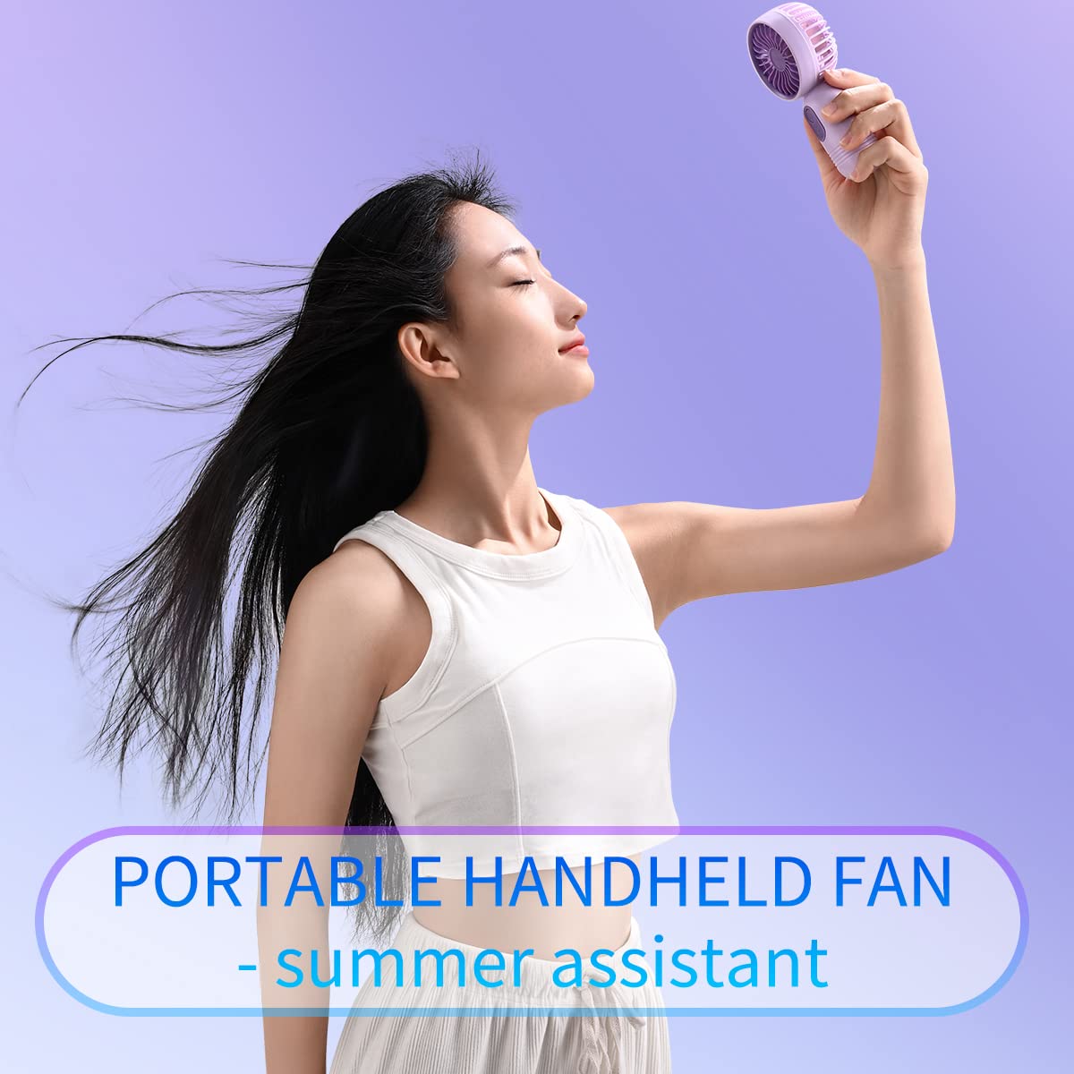 (Blue) Cute Handheld Fan Battery Operated Lightweight Small Personal Fan with 3 Speeds USB Rechargeable