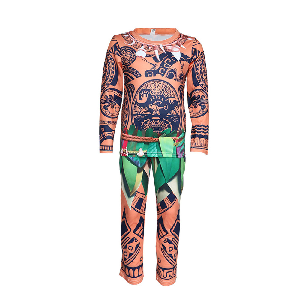 (Size 100) Moana Maui Tattoo Cosplay Costume Boys Adventure Cartoon Long Sleeve T Shirt Pants Set Kids Halloween Dress Up Party Costumes Suit Outfits