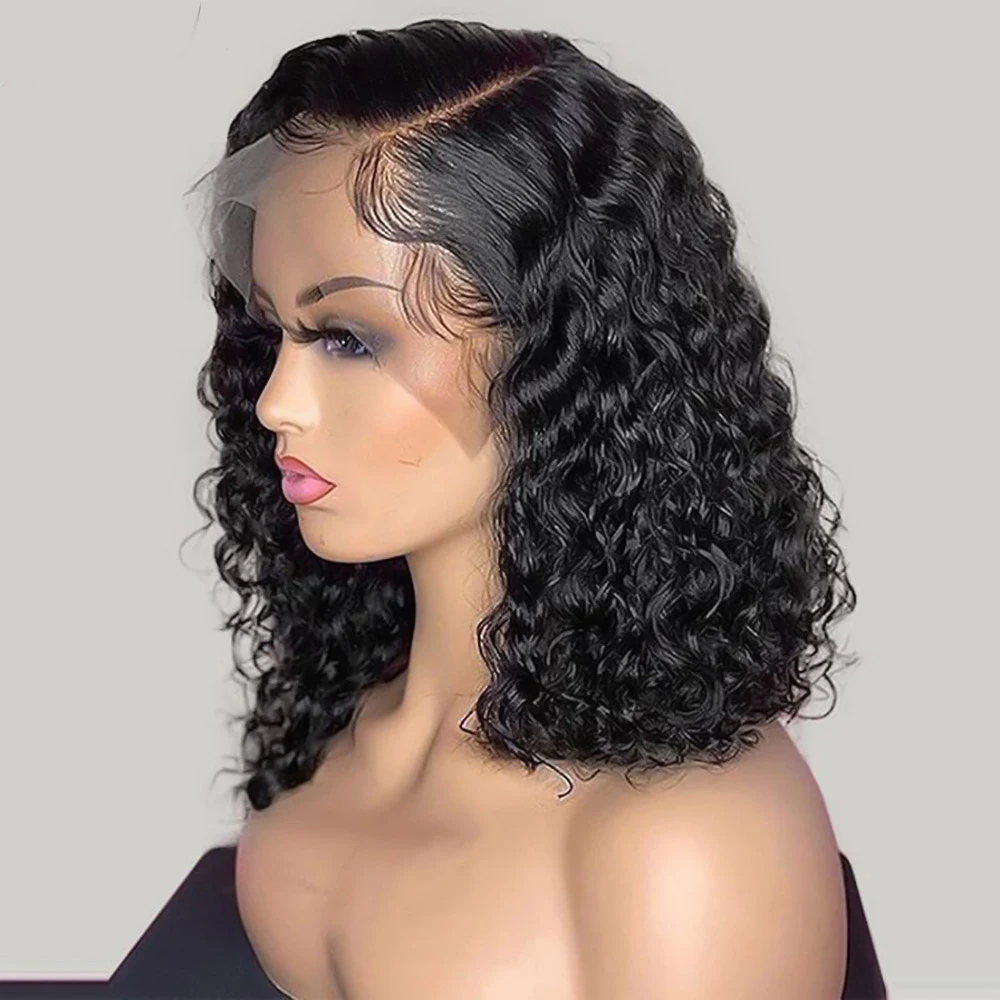 (Side Part 8inches) Bob Lace Wig Black Curly For Women Deep Water Curly Wave Human Hair Wigs 100 Percent  Remy Natural Hair Short Lace Frontal T Part Wig
