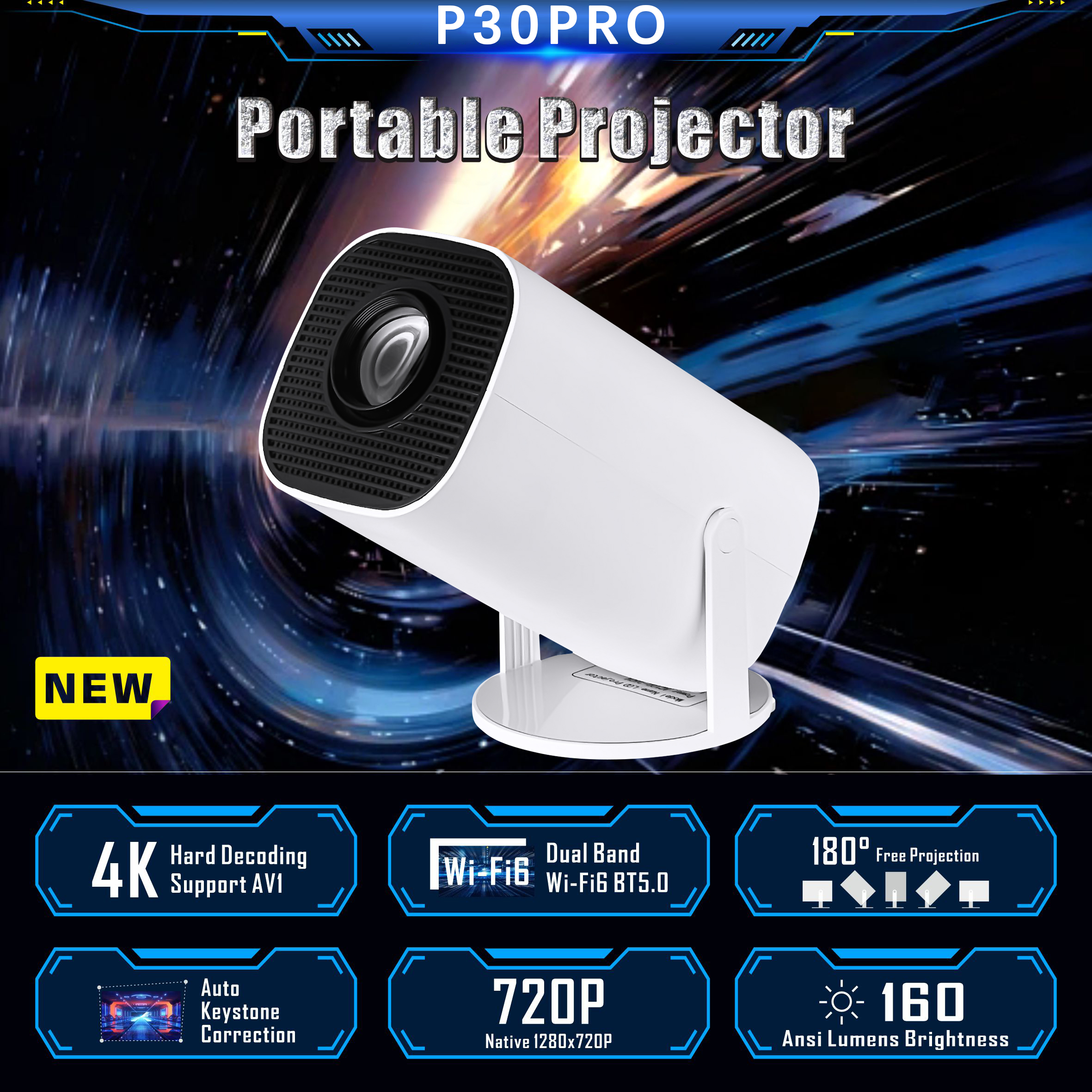 (White) Smart Projector Support 4K HD Wifi Projector Android WIFI BT 1080P Auto Keystone Home Cinema Beam Outdoor Portable Projectors