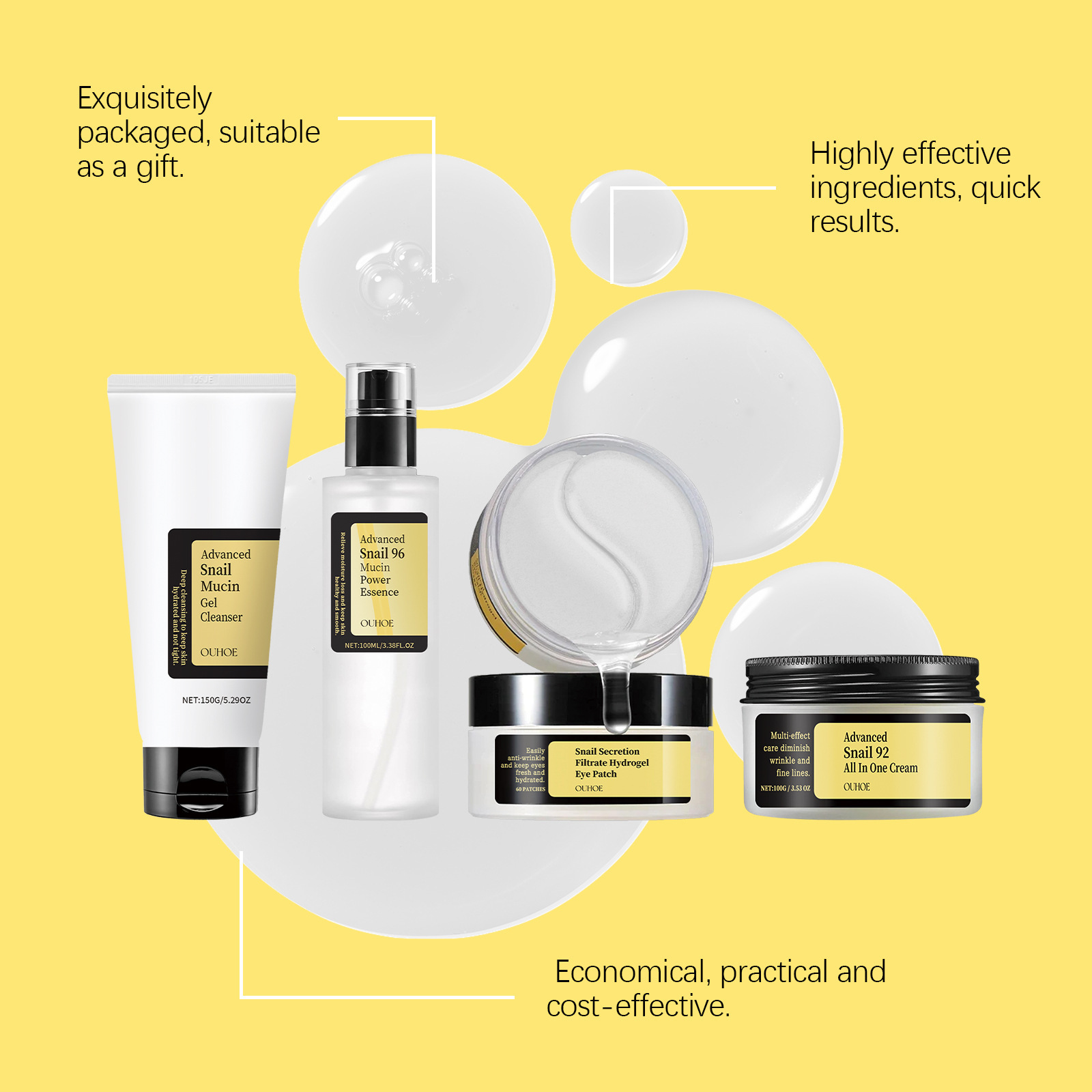 OUHOE Snail Mucin Facial Care Gift Set Nourishing Repairing Skin Moisturizing Hydrating Fade Fine Lines Tighten Firming Korean Facial Essence Set