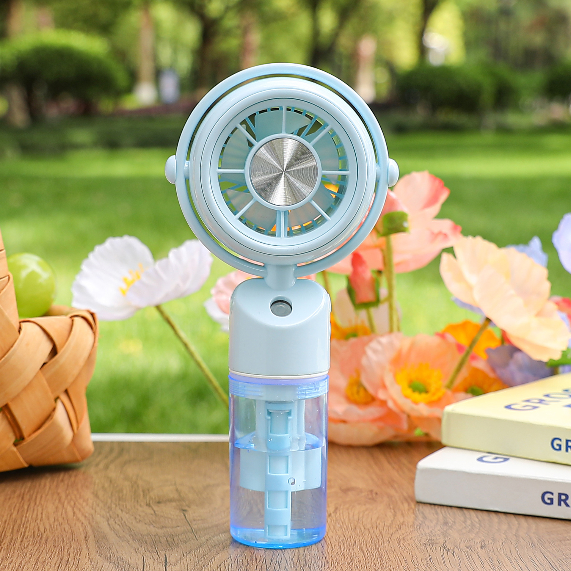 (Blue) Rechargeable Handheld Misting Fan-Portable Battery Operated Water Mist Fan With 3 Adjustable Speed-Cooling Fan