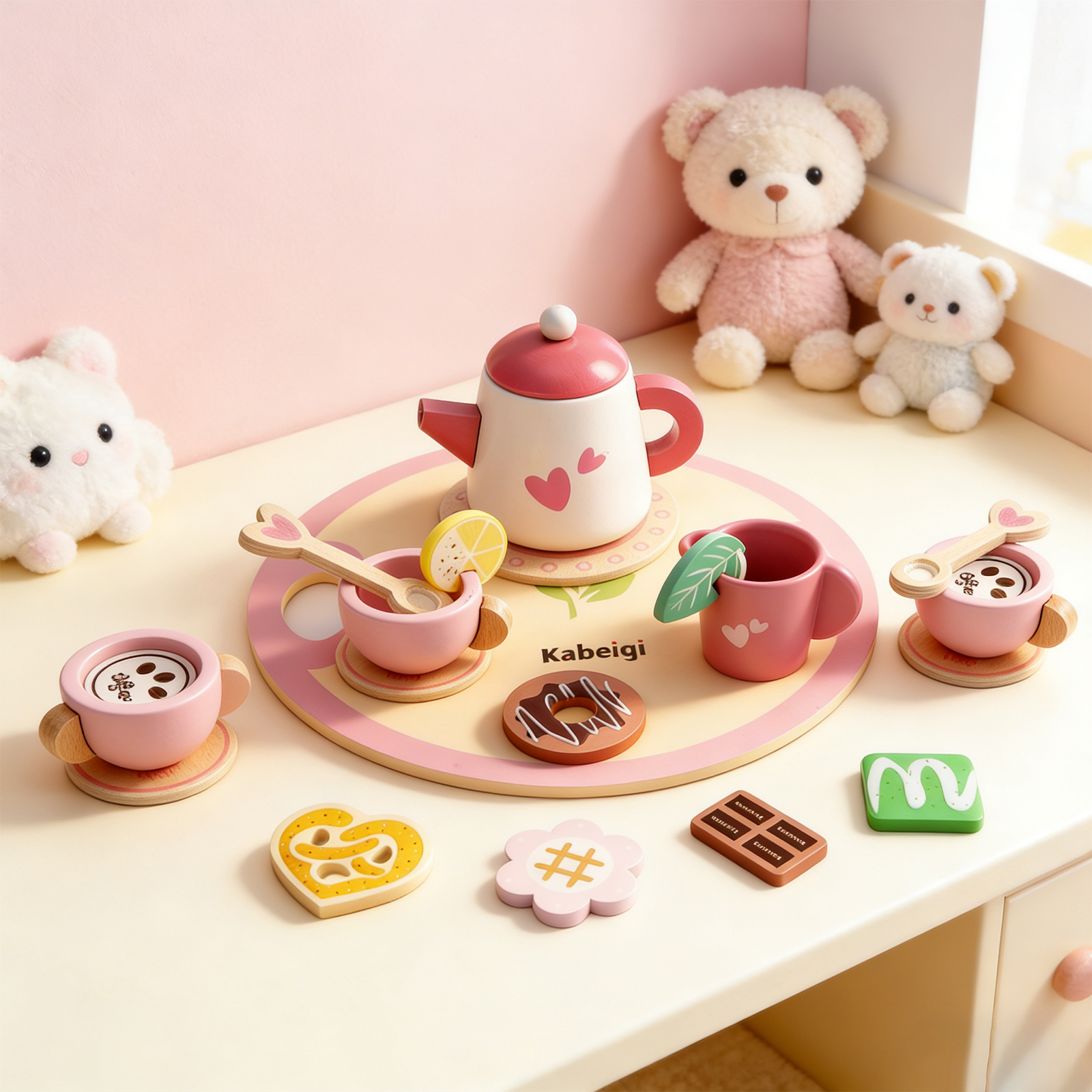 (Love) Wooden Tea Set For Little Girls Wooden Toys Toddler Tea Set Play Kitchen Accessories For Kids Pretend Play Food Tea Party Toys ﻿
