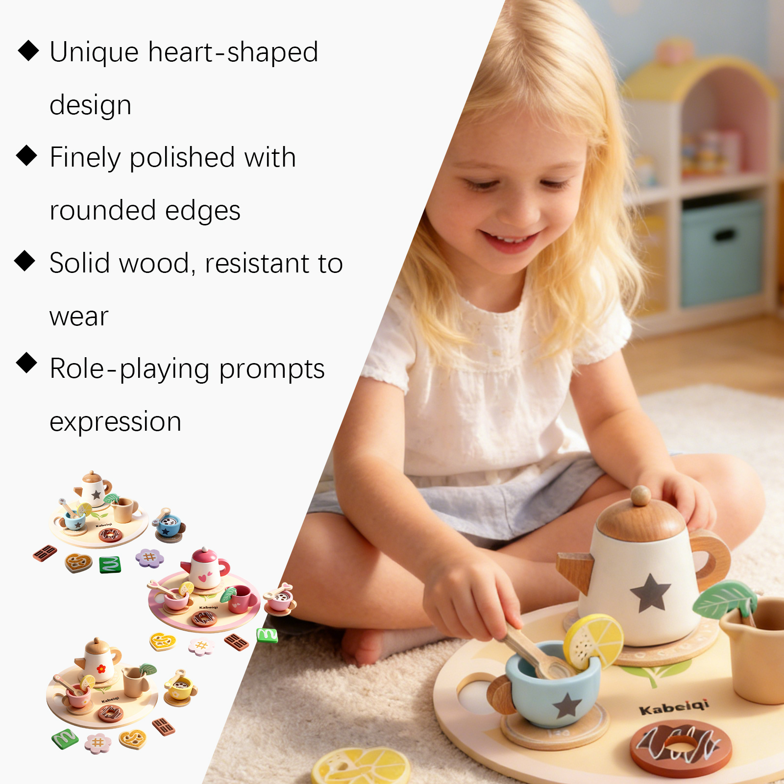 (Star) Wooden Tea Set For Little Girls Wooden Toys Toddler Tea Set Play Kitchen Accessories For Kids Pretend Play Food Tea Party Toys ﻿