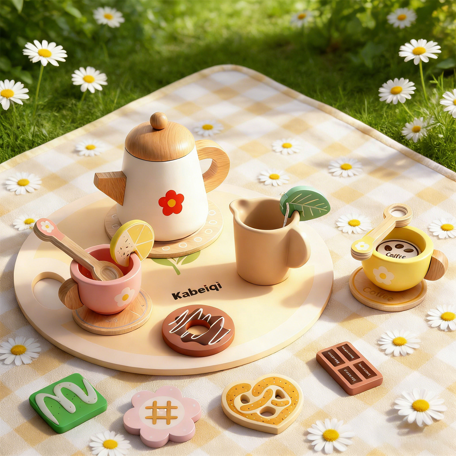 (Flower) Wooden Tea Set For Little Girls Wooden Toys Toddler Tea Set Play Kitchen Accessories For Kids Pretend Play Food Tea Party Toys ﻿