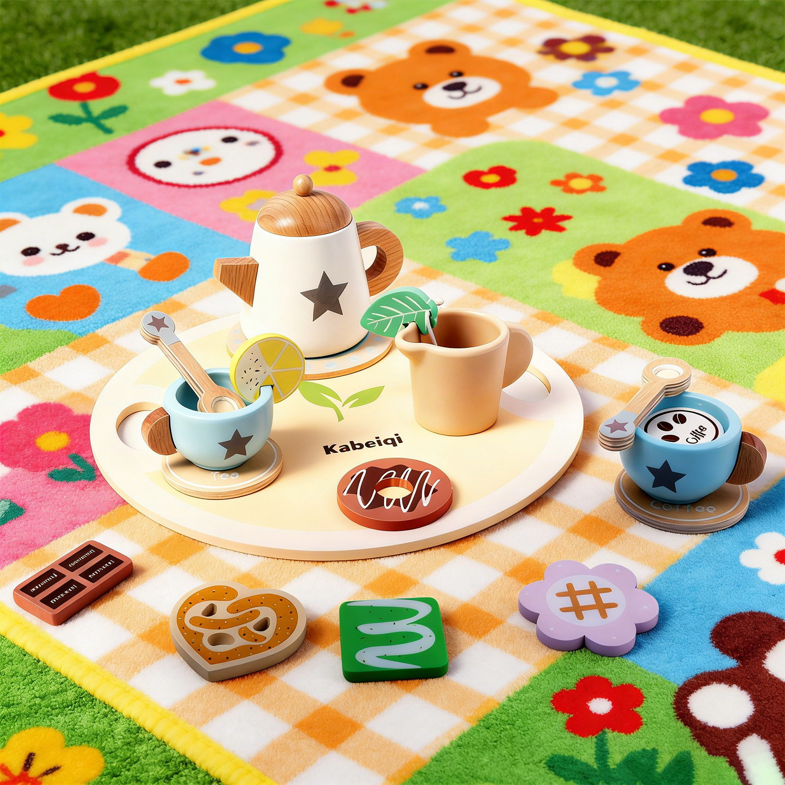 (Star) Wooden Tea Set For Little Girls Wooden Toys Toddler Tea Set Play Kitchen Accessories For Kids Pretend Play Food Tea Party Toys ﻿