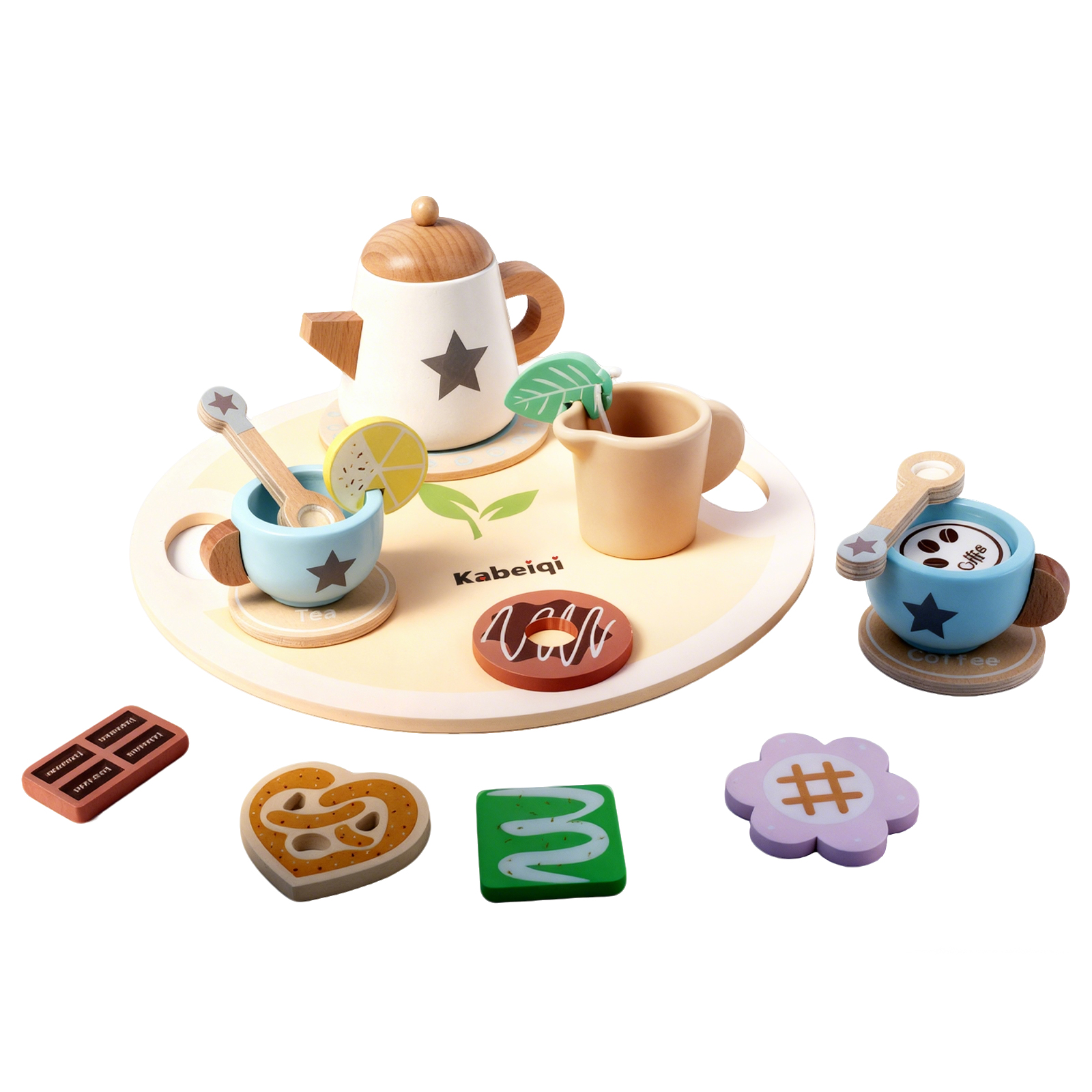 (Star) Wooden Tea Set For Little Girls Wooden Toys Toddler Tea Set Play Kitchen Accessories For Kids Pretend Play Food Tea Party Toys ﻿