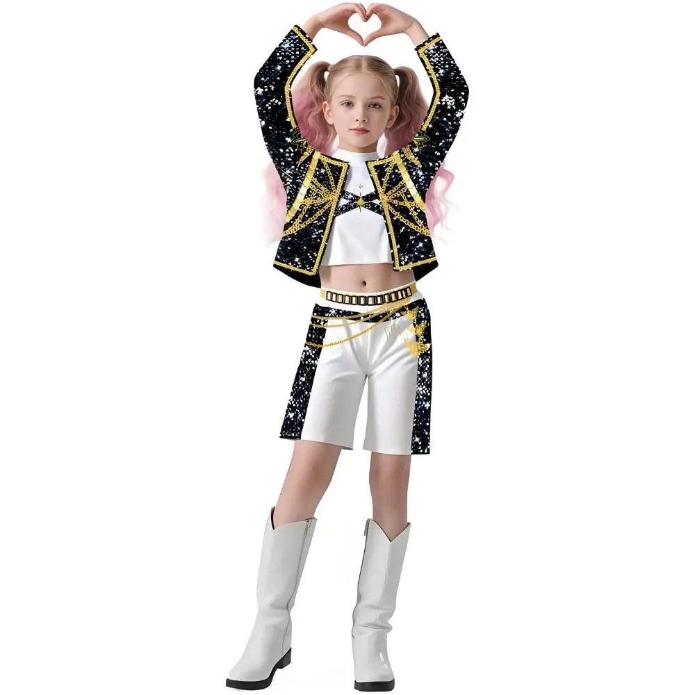 (110CM) Girls Kpop Roleplay Costume 3 Pcs Set Jacket T Shirt Shorts for Halloween Carnival Birthday Christmas Inspired by Rumi Zoey Mira