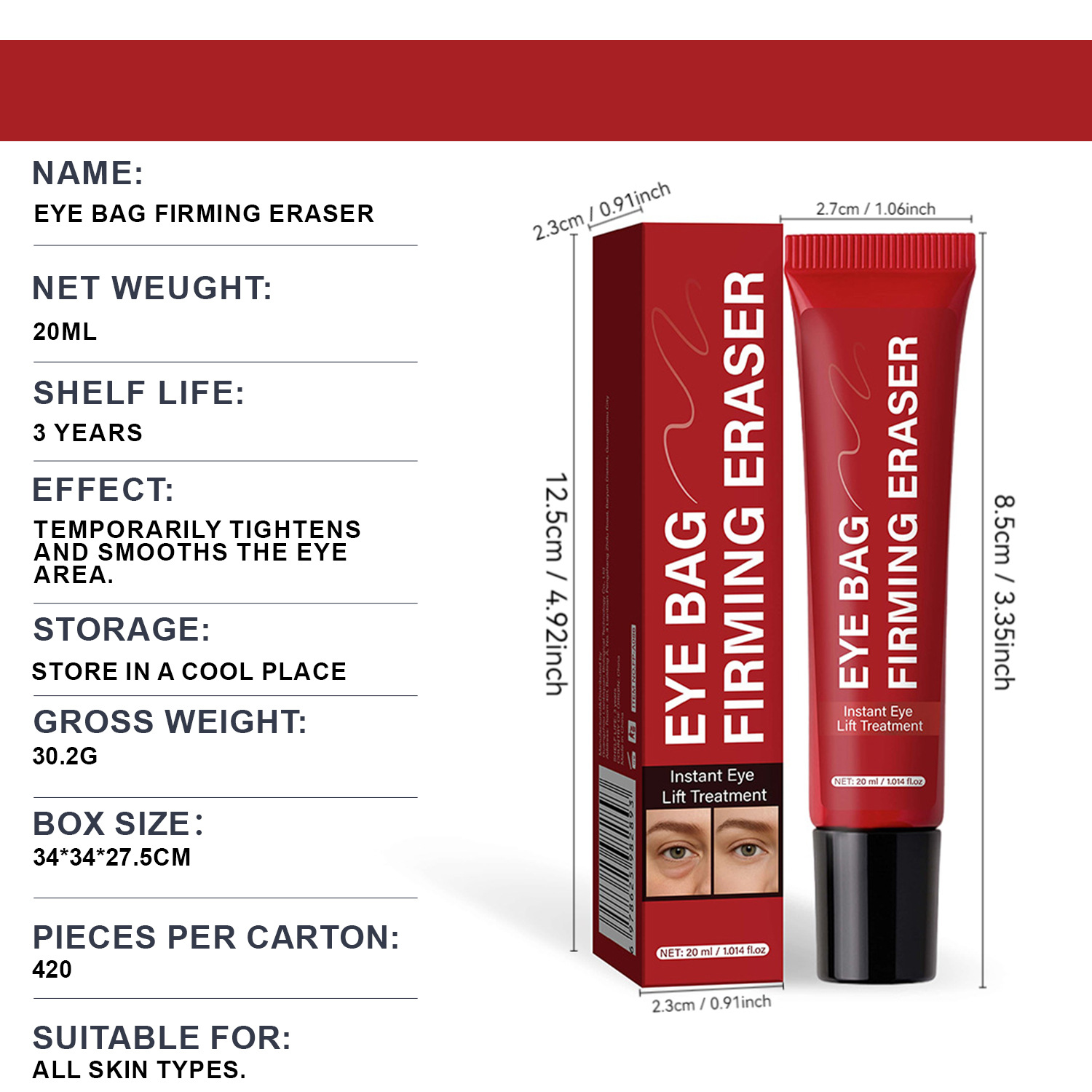 Eye Bag Firming Eraser Instant Puffiness Reducer For Dark Circles And Wrinkle Smoothing Daily Eye Contour Care