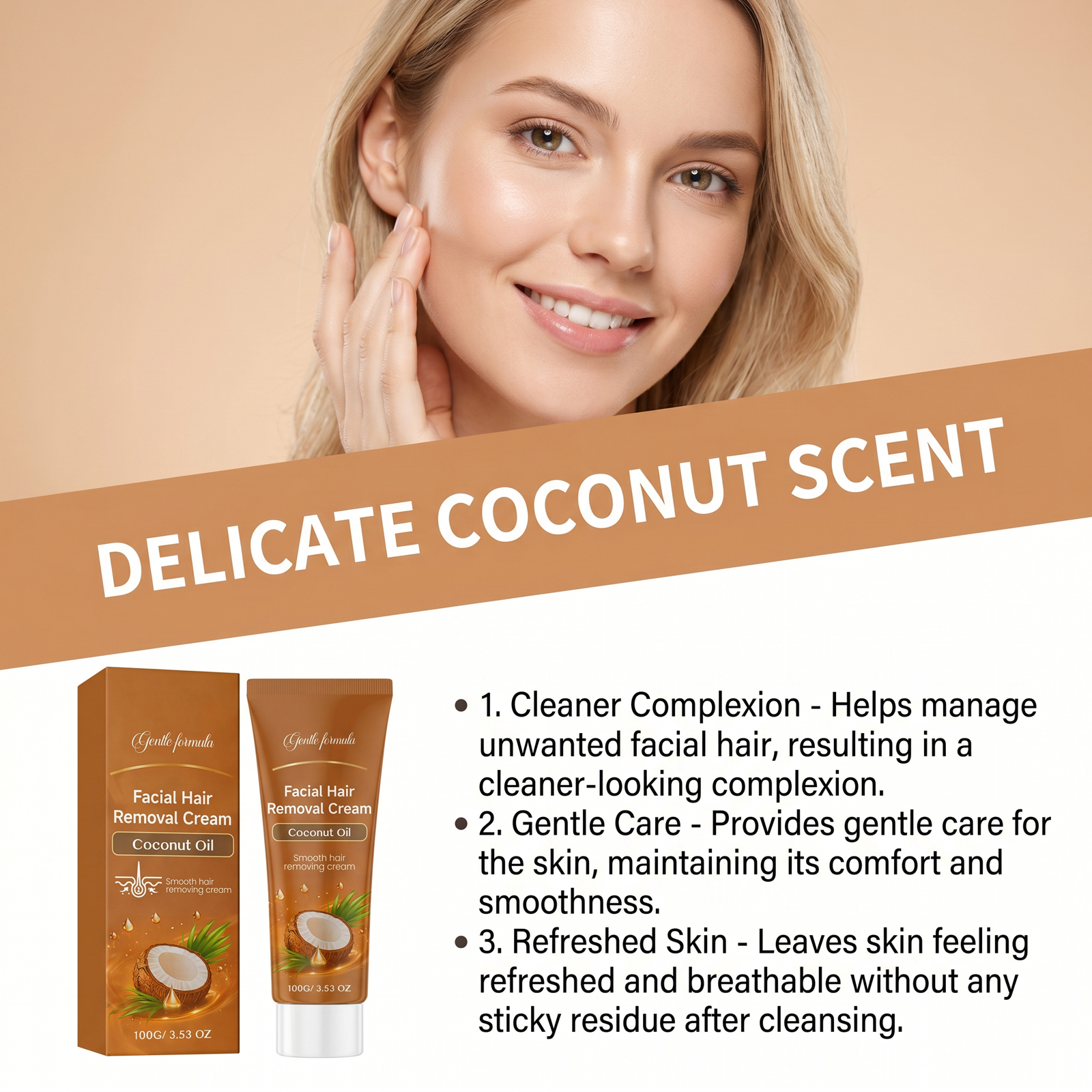 Coconut Oil Depilatory Cream Gentle Delicate Skin Friendly Soft Smooth Comfort Clean Facial Fine Hairs