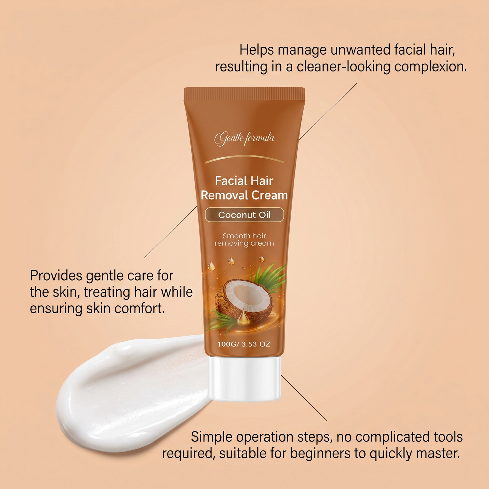 Coconut Oil Depilatory Cream Gentle Delicate Skin Friendly Soft Smooth Comfort Clean Facial Fine Hairs