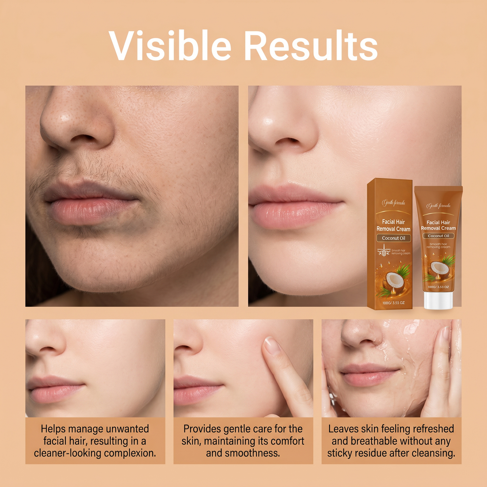 Coconut Oil Depilatory Cream Gentle Delicate Skin Friendly Soft Smooth Comfort Clean Facial Fine Hairs