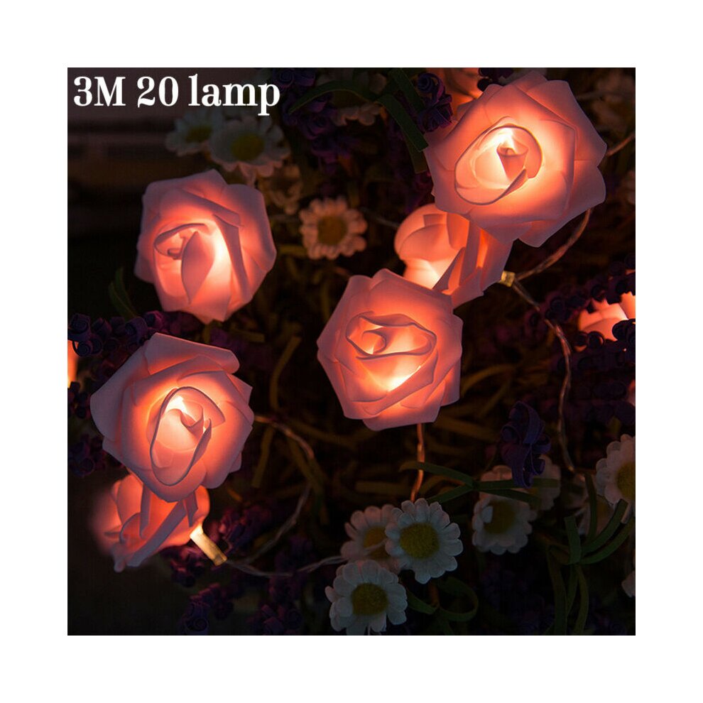 (Pink) 20 LED Rose Flower Lights String Fairy Wedding Christmas Party Garden Home Decor