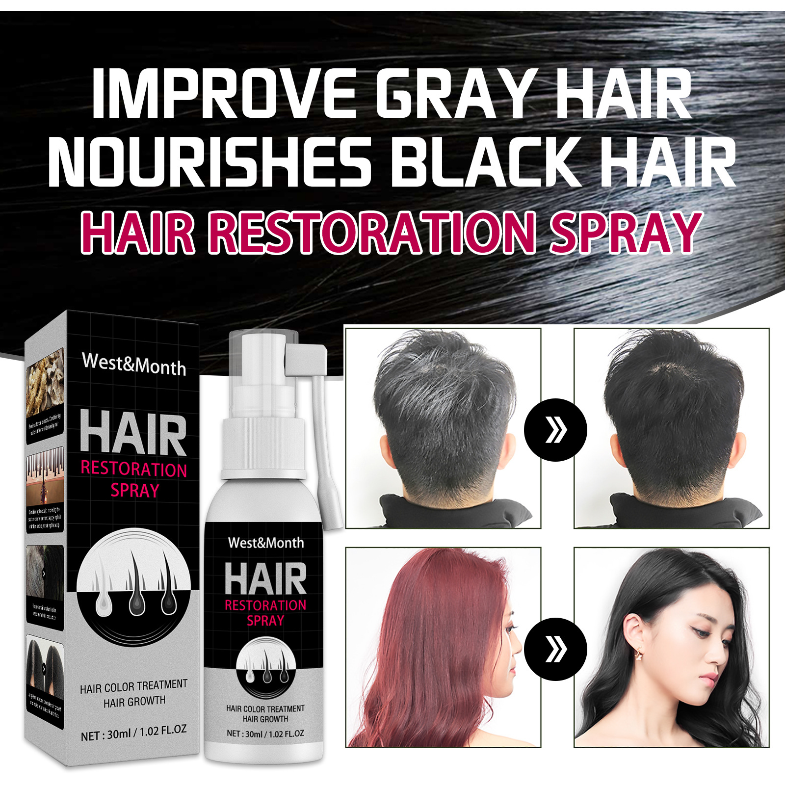 Hair Restoration Spray Black Hair Spray Non-greasy Moisturizing Effective Anti-Hair Loss 30ml