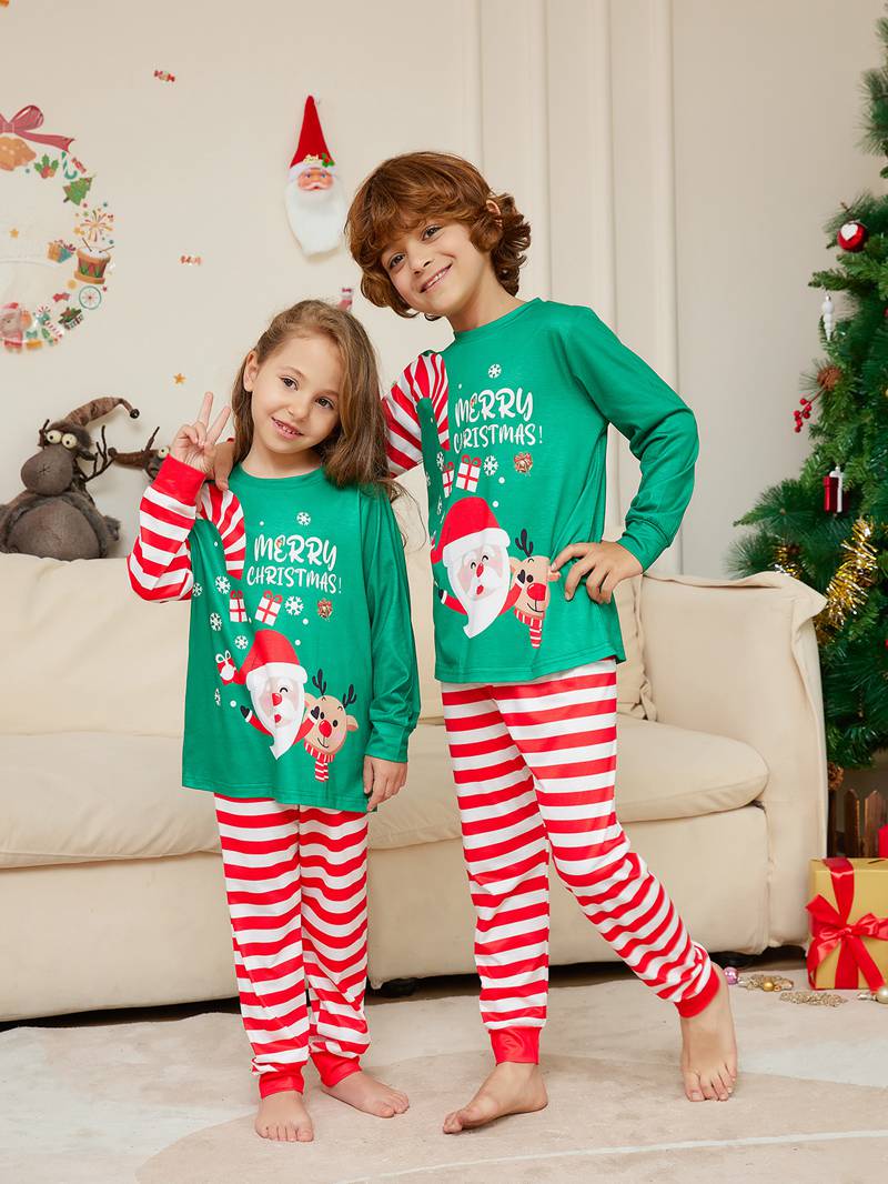 (3M Baby) Matching Family Pajamas Santa and Elk Print Christmas Family Matching Pajamas Adult Kid Baby Outfits Tops+Pants 2PCS Xmas Sleepwear Pyjamas Dog Clothes