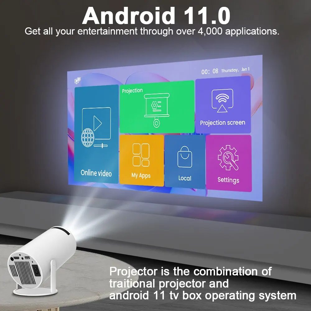 130 Inch Screen Mini Projector Correction Portable Projector 4K/ 200 ANSI Smart Projector with 2.4/5G WiFi Home Video Projector