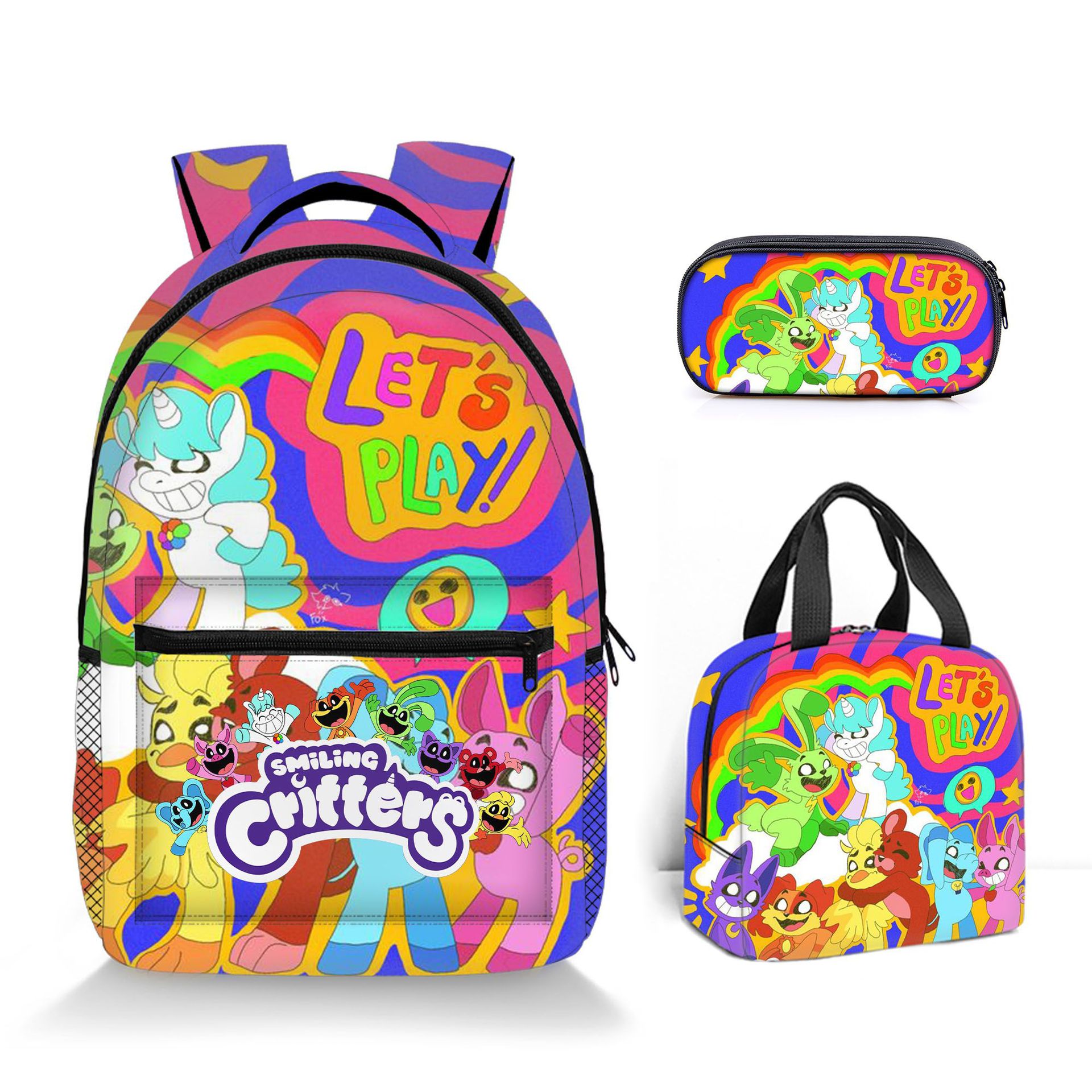 (A) 3PCS Smiling Critters Backpack Shoulder Bag Pencil Case Student Gift