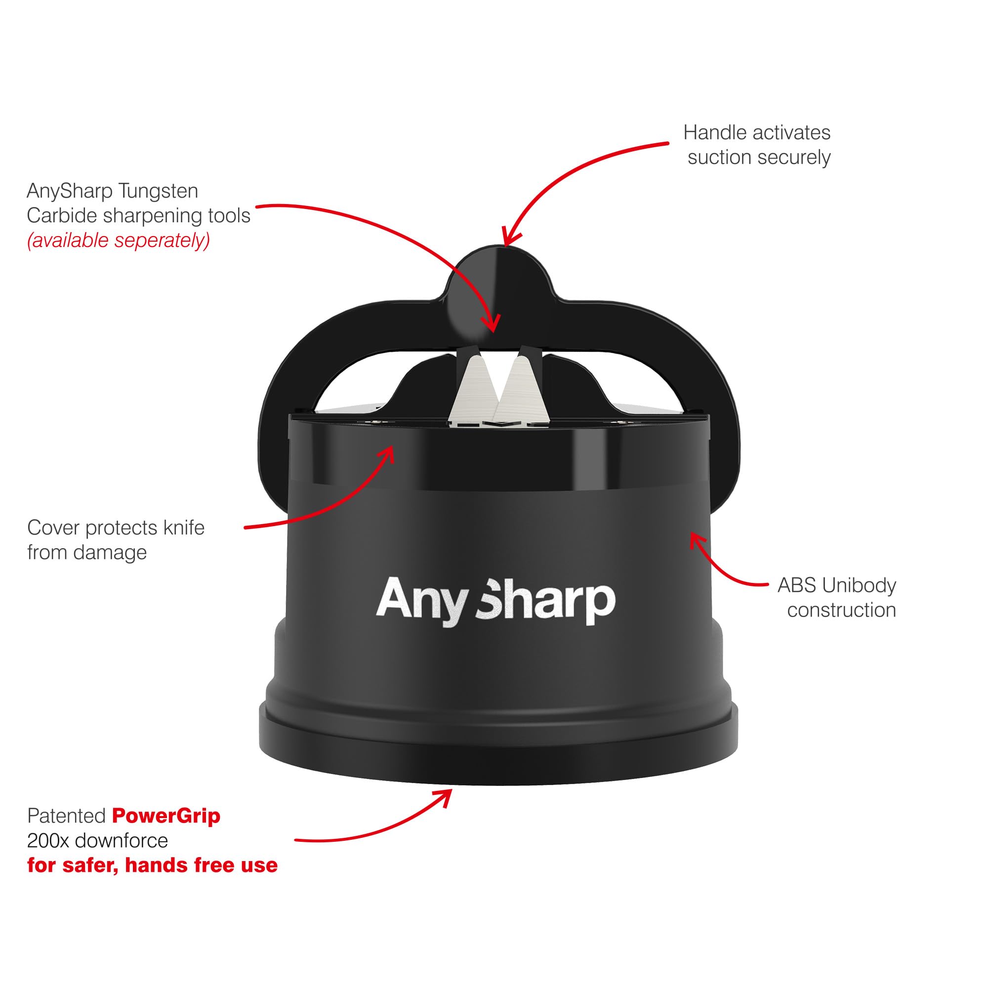 (Black) AnySharp Knife Sharpener, Hands-Free Safety, PowerGrip Suction, Safely Sharpens All Kitchen Knives, Ideal for Hardened Steel & Serrated, Worlds Best, Compact, One Size