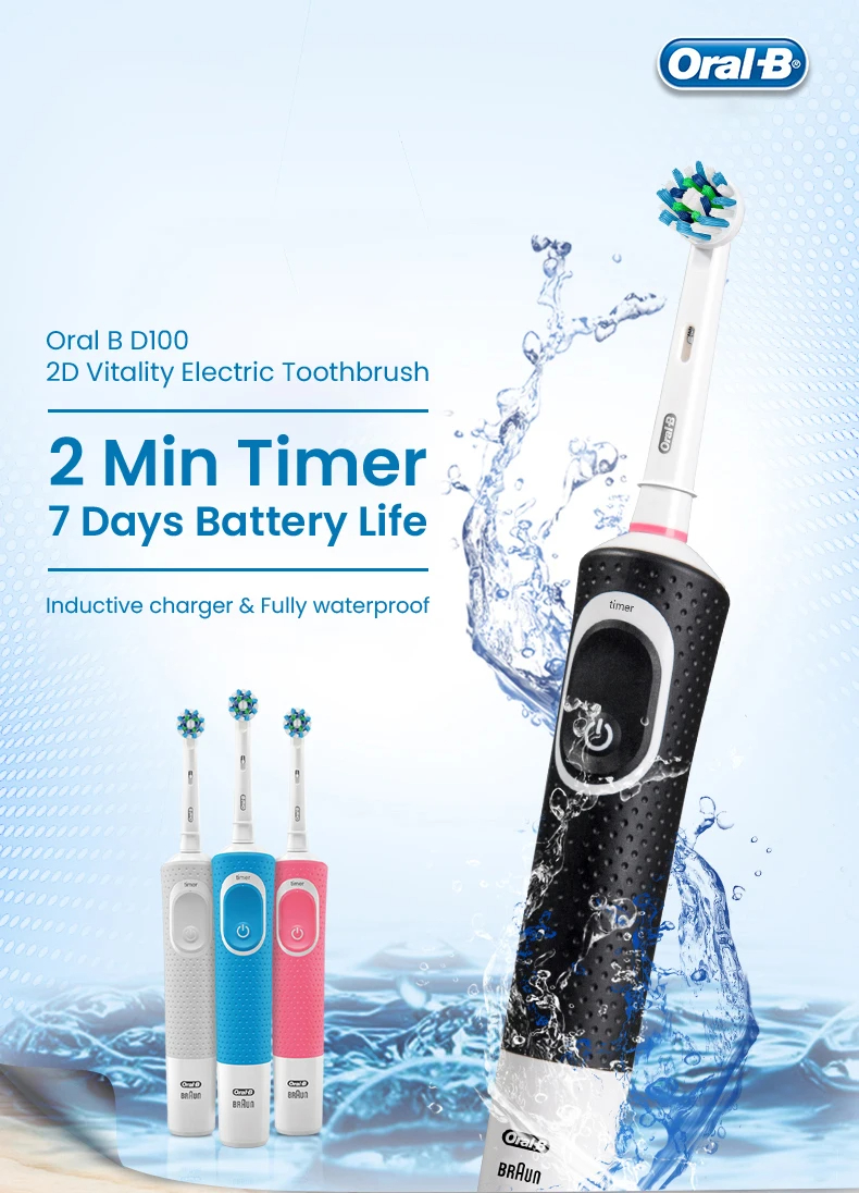 (WHITE with 1head) Oral B Electric Toothbrush 2D Vitality Cleaning Teeth Brush Waterproof Electronic Teeth Brush Inductive Charger With Timer