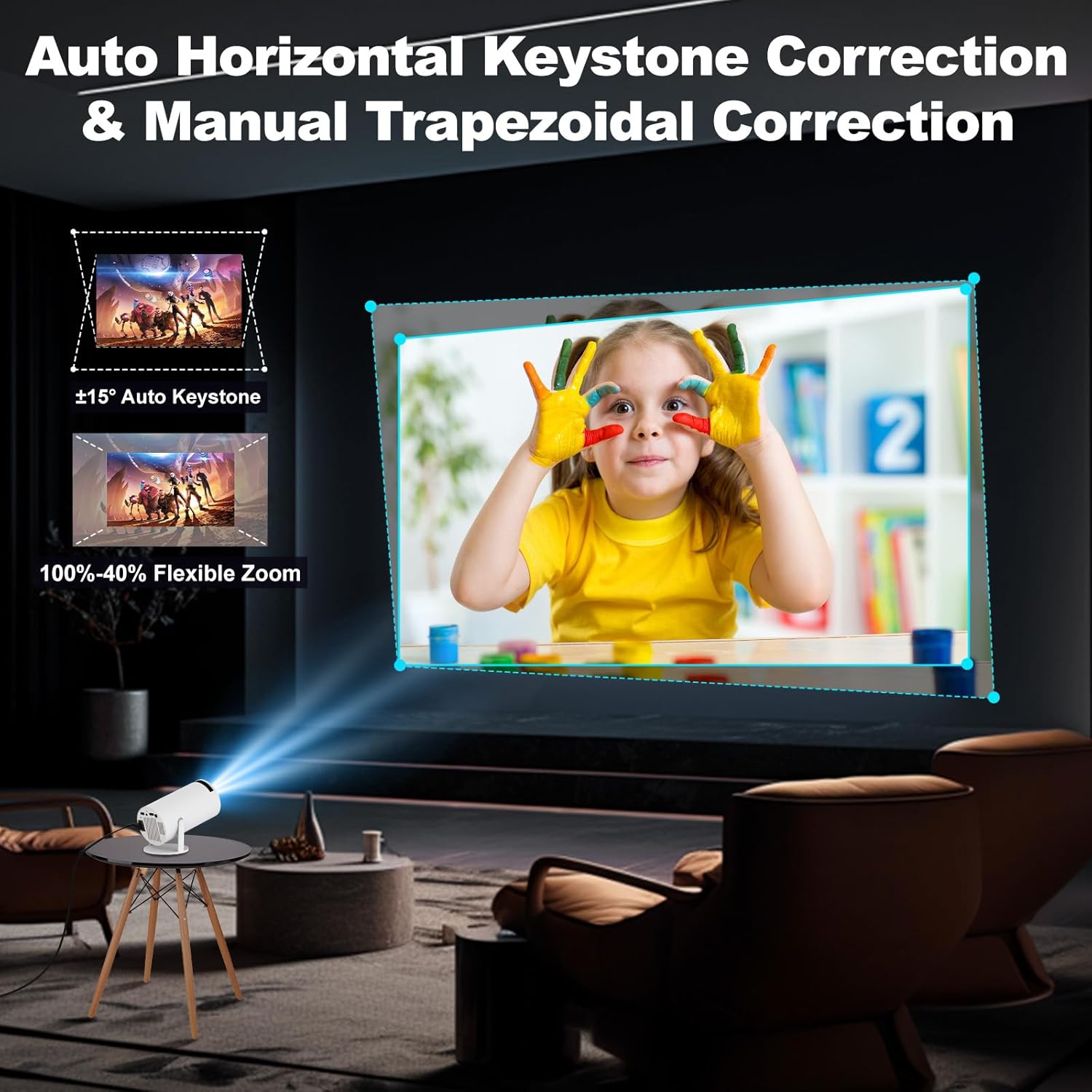 (White) Mini Projector with WIFI and Bluetooth, 4K 1080P Support Portable Projector Rotatable 130 Inch Screen Movie Projector Auto Keystone Compatible for Laptop PC Smartphone