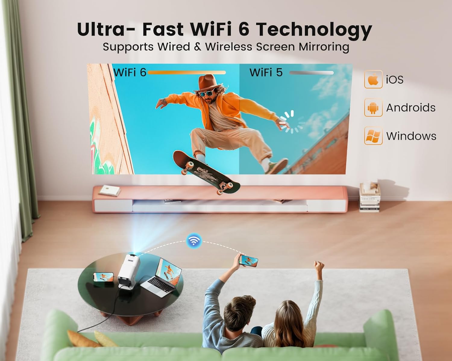Mini Projector 4K Supported Portable Projector with Rotatable Auto Keystone Native 1080P 22000 Lumen Home Cinema Projector  WiFi6 Bluetooth Short Throw Outdoor Projector for iOS Android