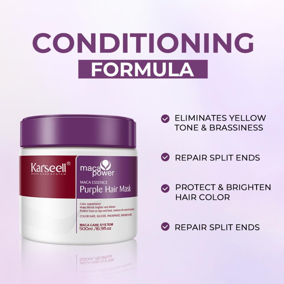 Karseell Purple Hair Mask For Blonde Silver Gray Highlighted Hair Professional Neutralizes Brass & Yellow Tones 500ml