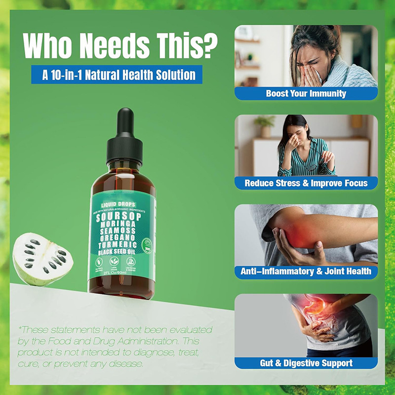 Soursop Bitters Liquid Drops - 10 in 1 Herbal Extracts for Overall Health 60ml Healthcare Fitness Natural Wellness Blend