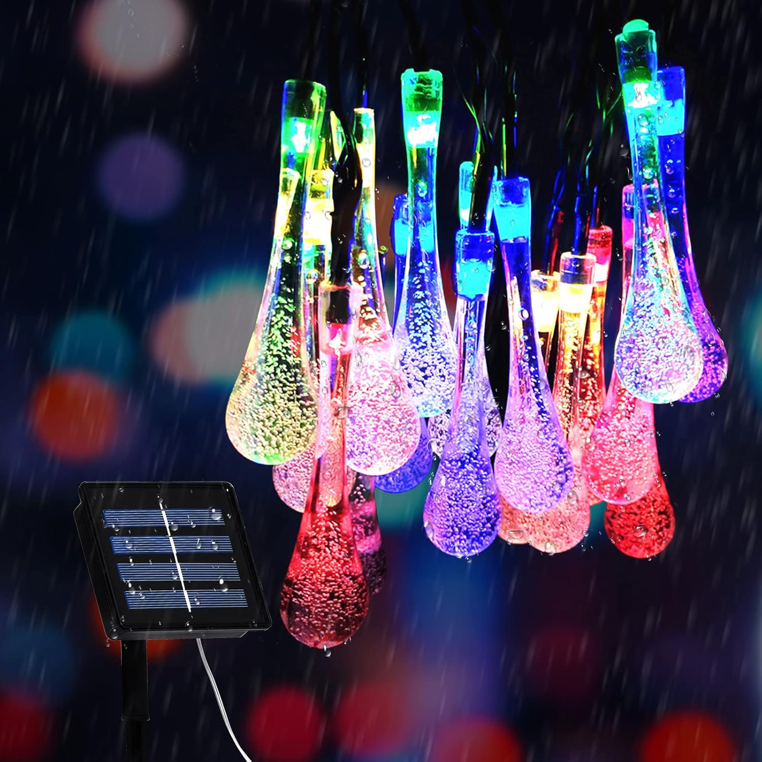 50 LED Teardrop Solar Lights - Multicolour Outdoor String Lights, Waterproof up to 22.6Ft 6.9M with Solar Power