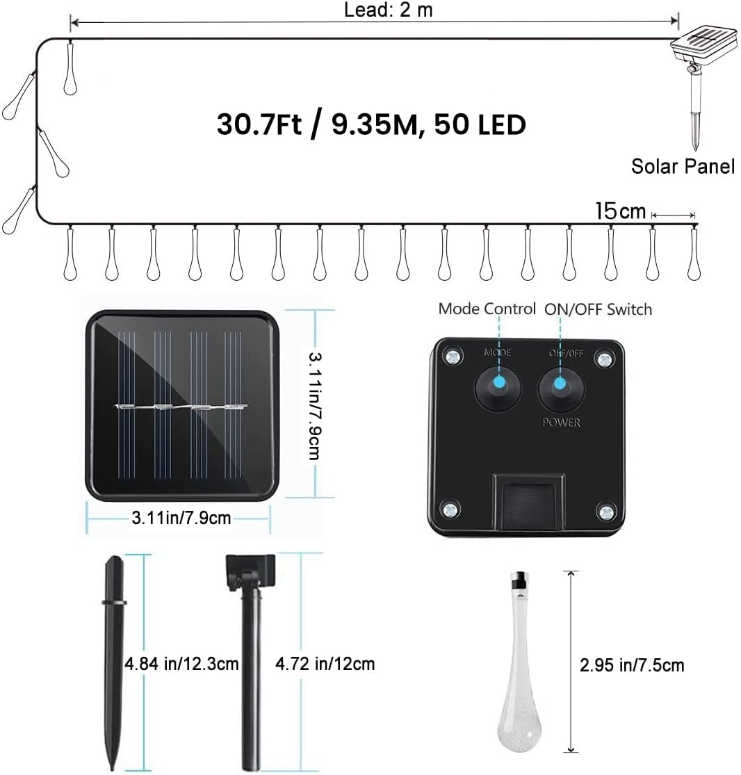 50 LED Teardrop Solar Lights - Multicolour Outdoor String Lights, Waterproof up to 22.6Ft 6.9M with Solar Power