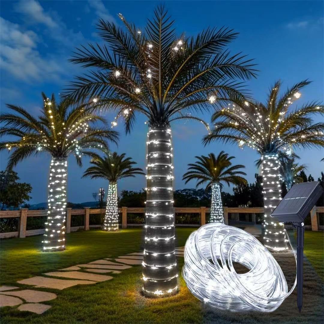 (Cool White) Solar String Lights Outdoor Waterproof LED Strip Rope Tube Lamp Christmas Fairy Garland String Lights for Garden Tree Yard Fence