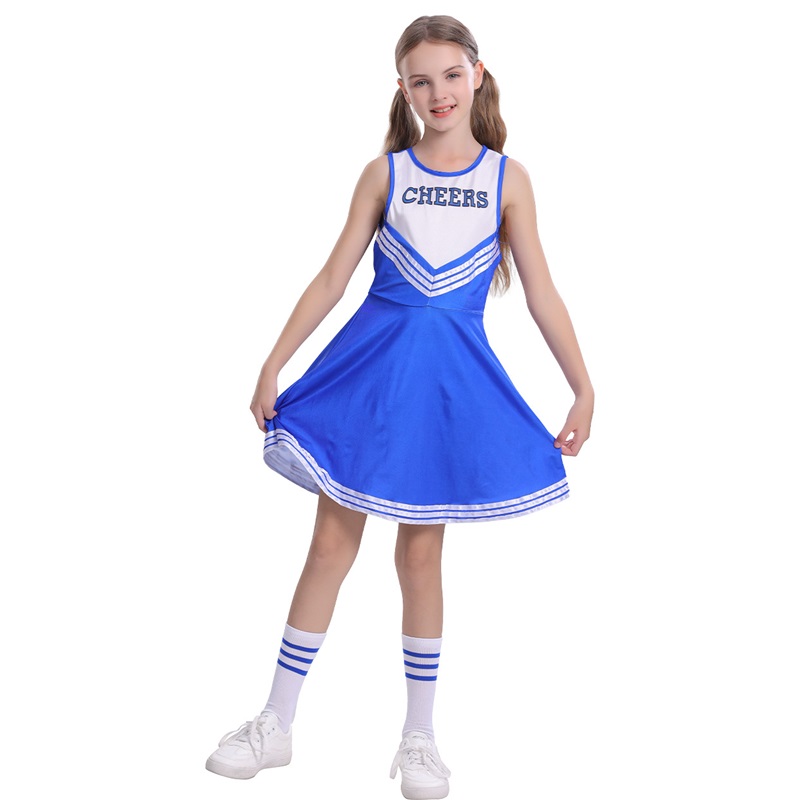 (130CM) Kids Blue Cheerleader Costume Sleeveless Cheers Skirt for Stage Performance Party Roleplay