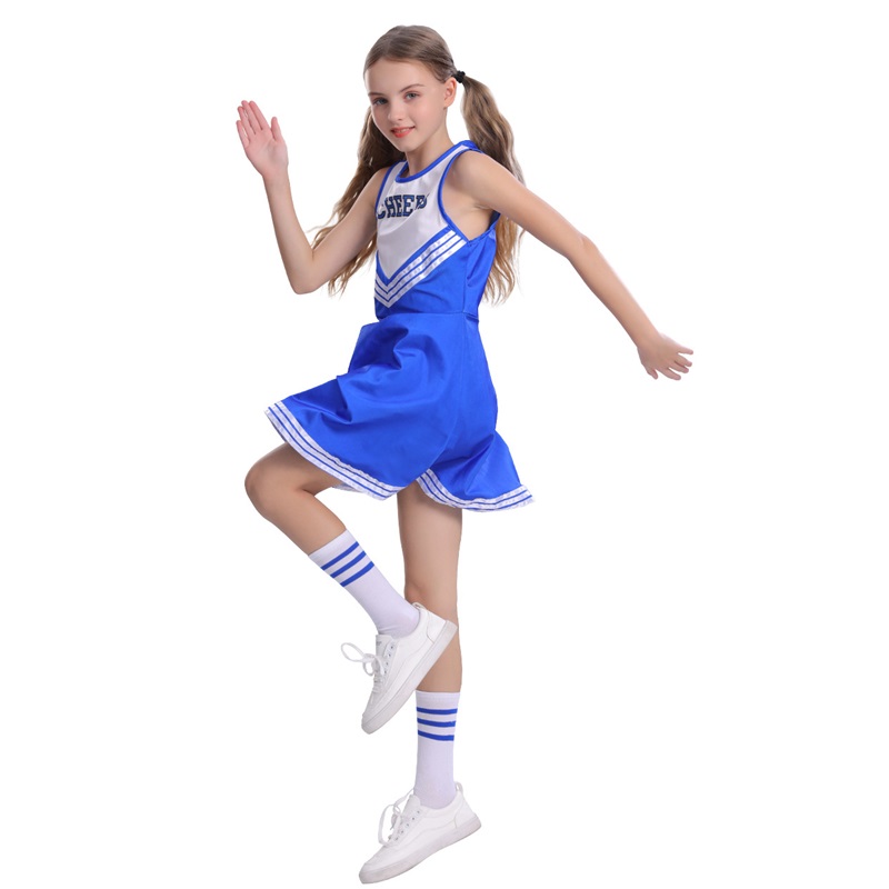 (130CM) Kids Blue Cheerleader Costume Sleeveless Cheers Skirt for Stage Performance Party Roleplay