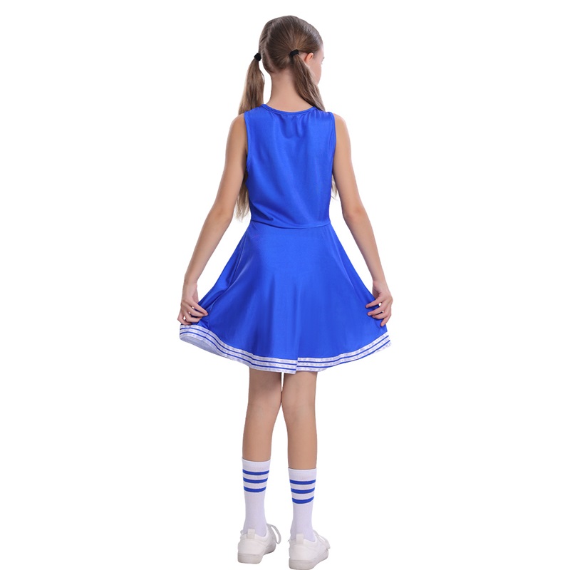 (130CM) Kids Blue Cheerleader Costume Sleeveless Cheers Skirt for Stage Performance Party Roleplay