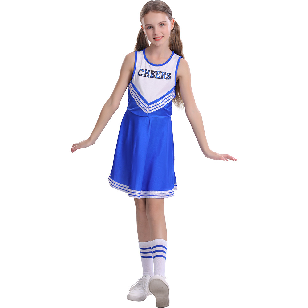 (130CM) Kids Blue Cheerleader Costume Sleeveless Cheers Skirt for Stage Performance Party Roleplay
