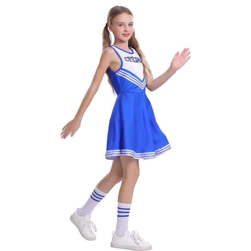 (130CM) Kids Blue Cheerleader Costume Sleeveless Cheers Skirt for Stage Performance Party Roleplay