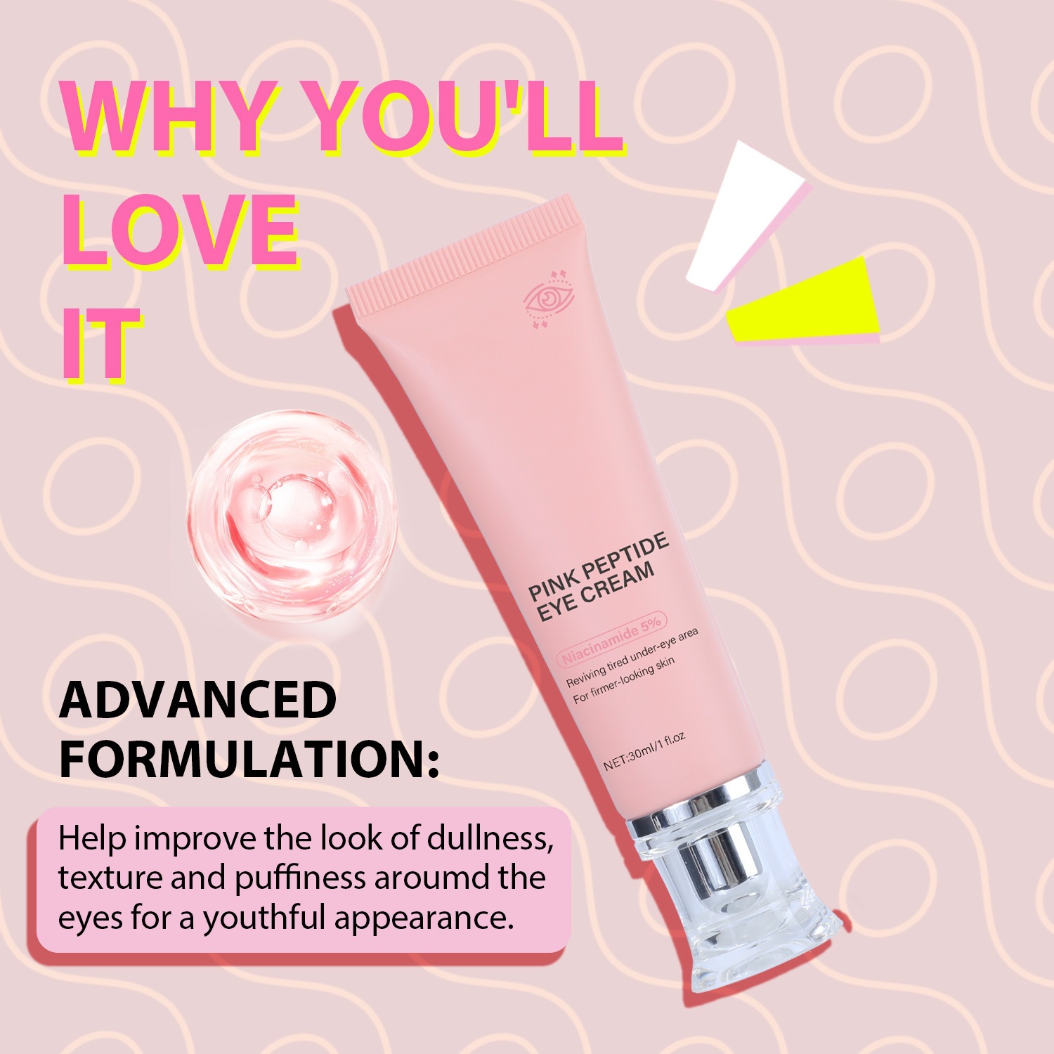 Pink Peptide Eye Cream 30ml Hydrating Moisturising Nourishing Eye Care for Daily Use Natural 30ml