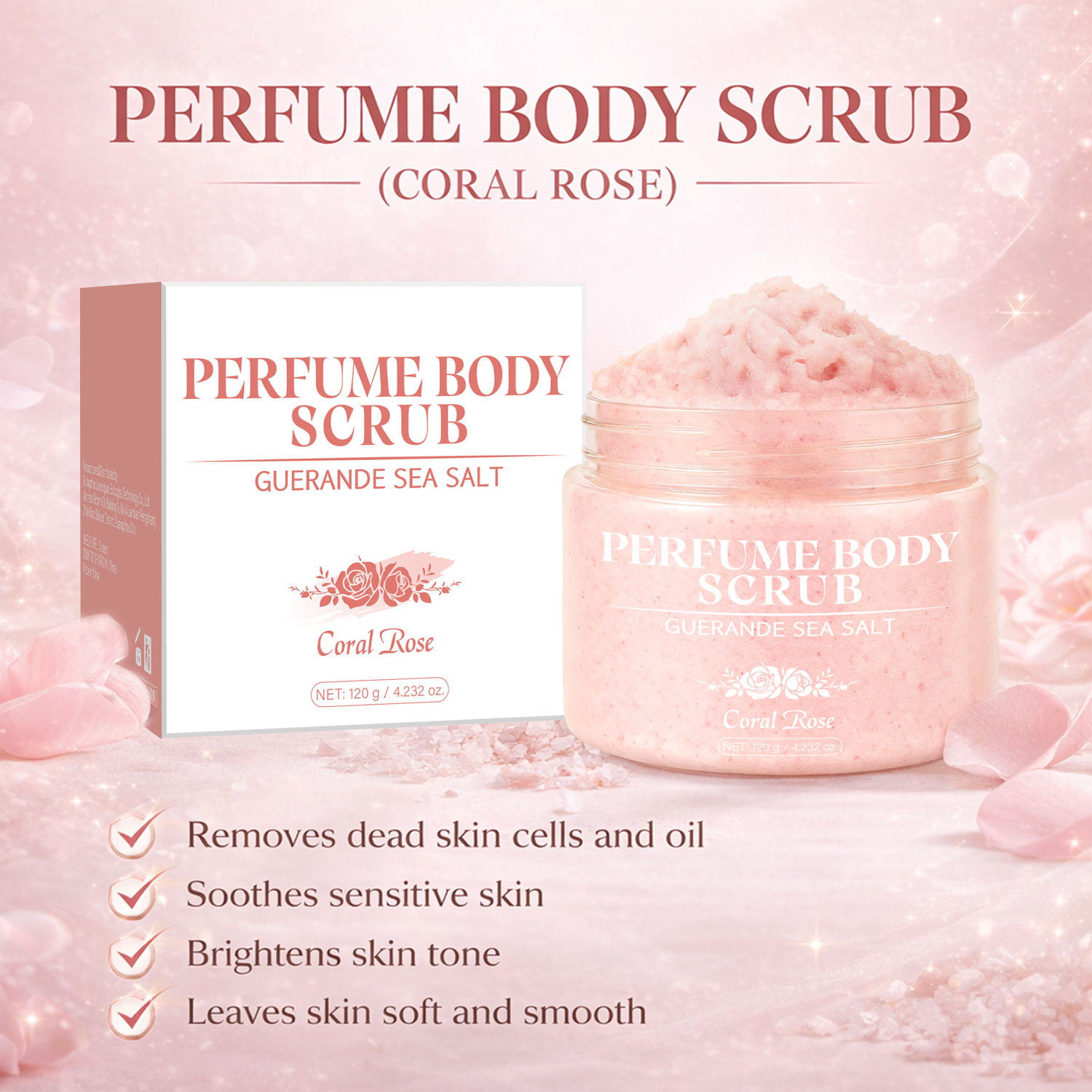 Sea Salt Scented Body Scrub Pink Coral Rose Fragrance For Exfoliating Smoothing Moisturizing Daily Shower Skin Care
