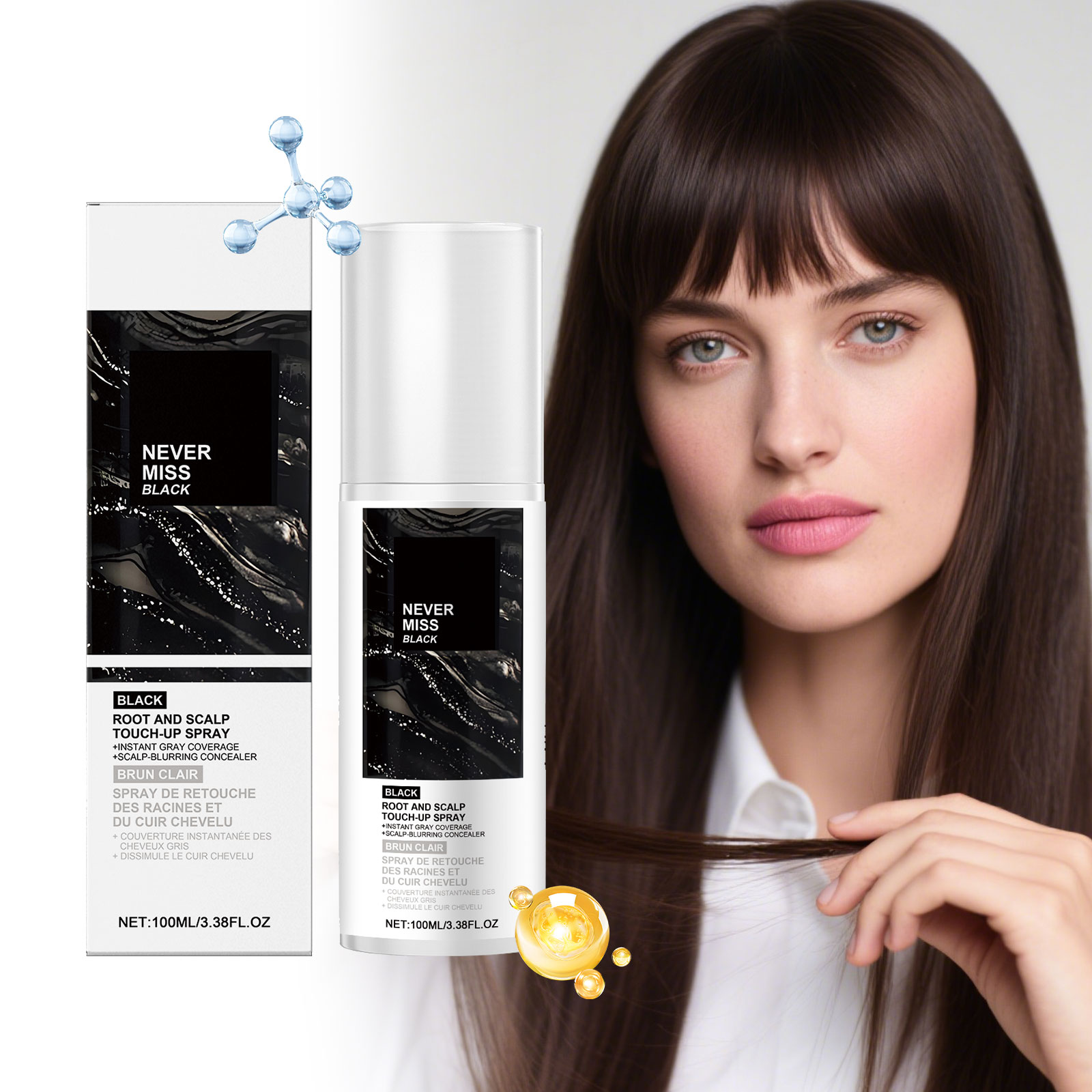 (Black) Mild Natural Disposable Portable Daily Brown Hair Color Touch Up Spray For Hair Coloring Repair